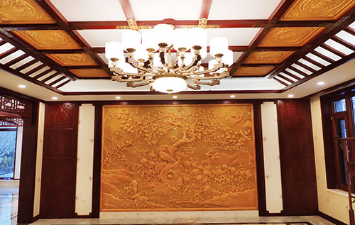 兴安中式别墅客厅中式木作横梁吊顶装饰展示